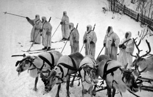 Finnish troops in Winter War with reindeer